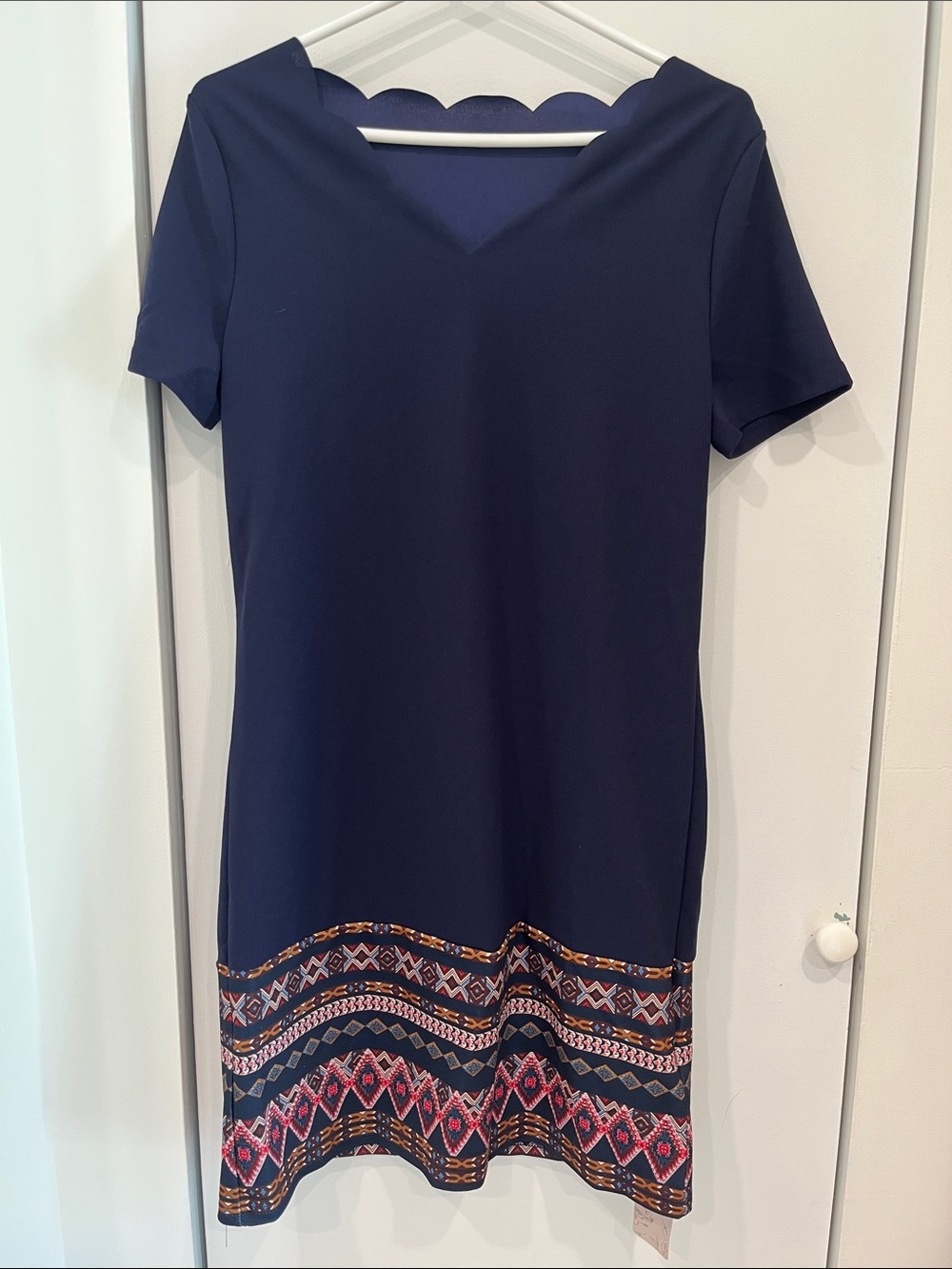 Navy Scalloped Hem Dress with Tribal Pattern